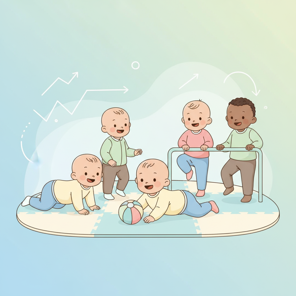 инфографика за етапите на двигателно развитие на бебето 0-12 месеца